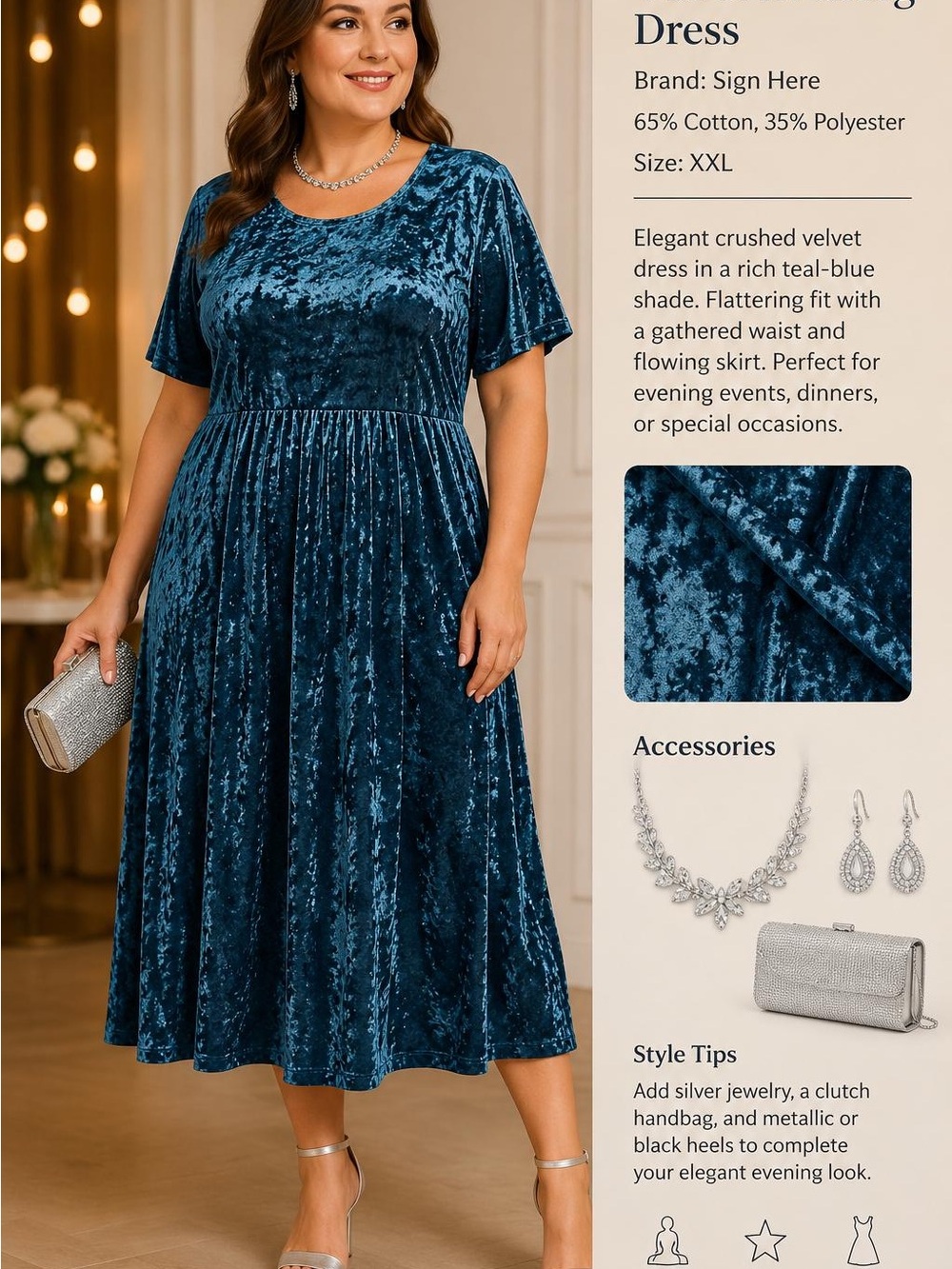 Crushed Velvet Midi Dress in Teal Blue — Sign Here 65% cotton, 35- polyester.